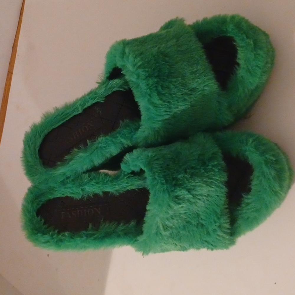 Green Faux Fur Mules